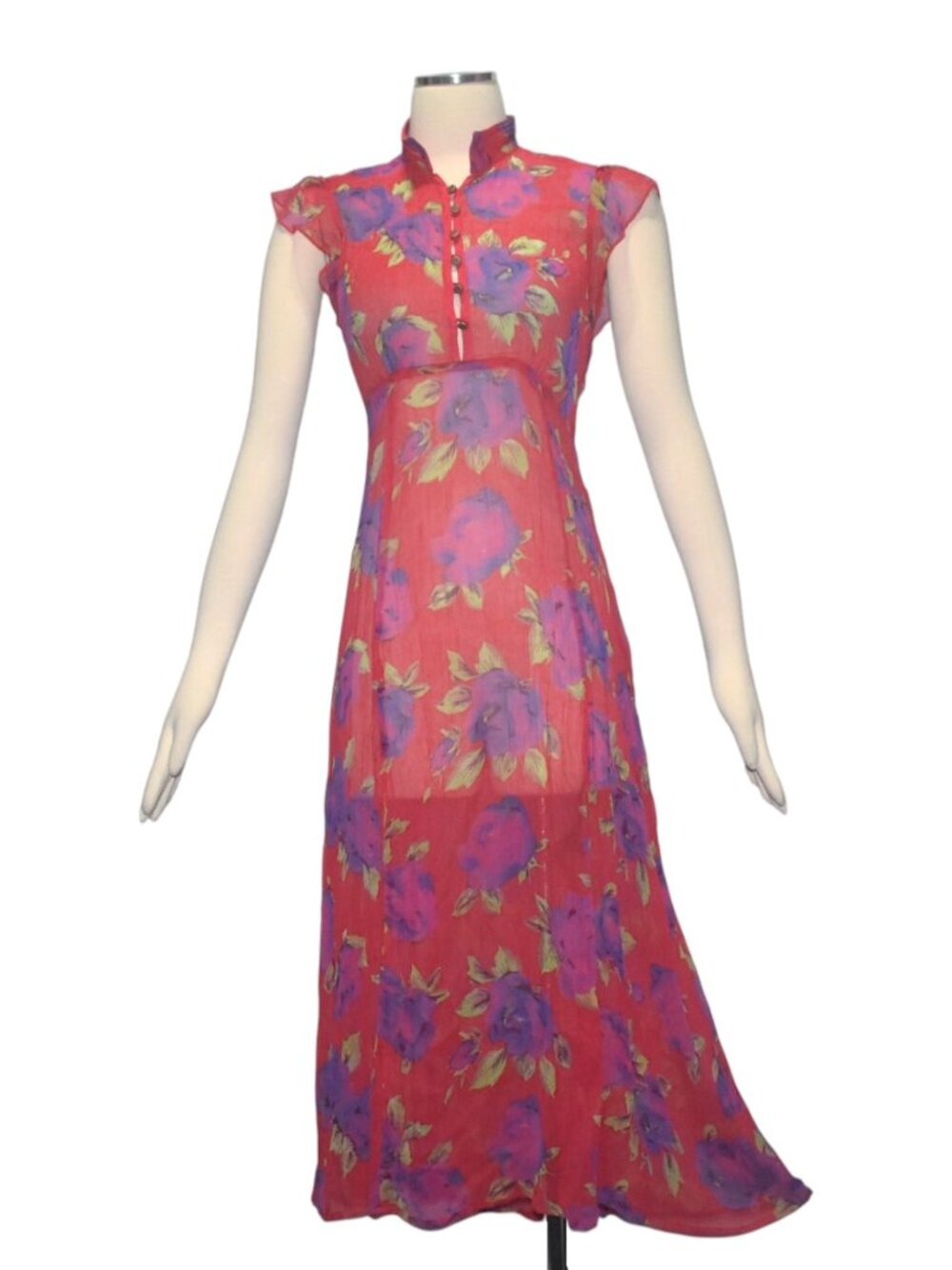Cooperative Floral Sheer Chiffon Midi Dress Mandarin Collar Boho Cottagecore 2